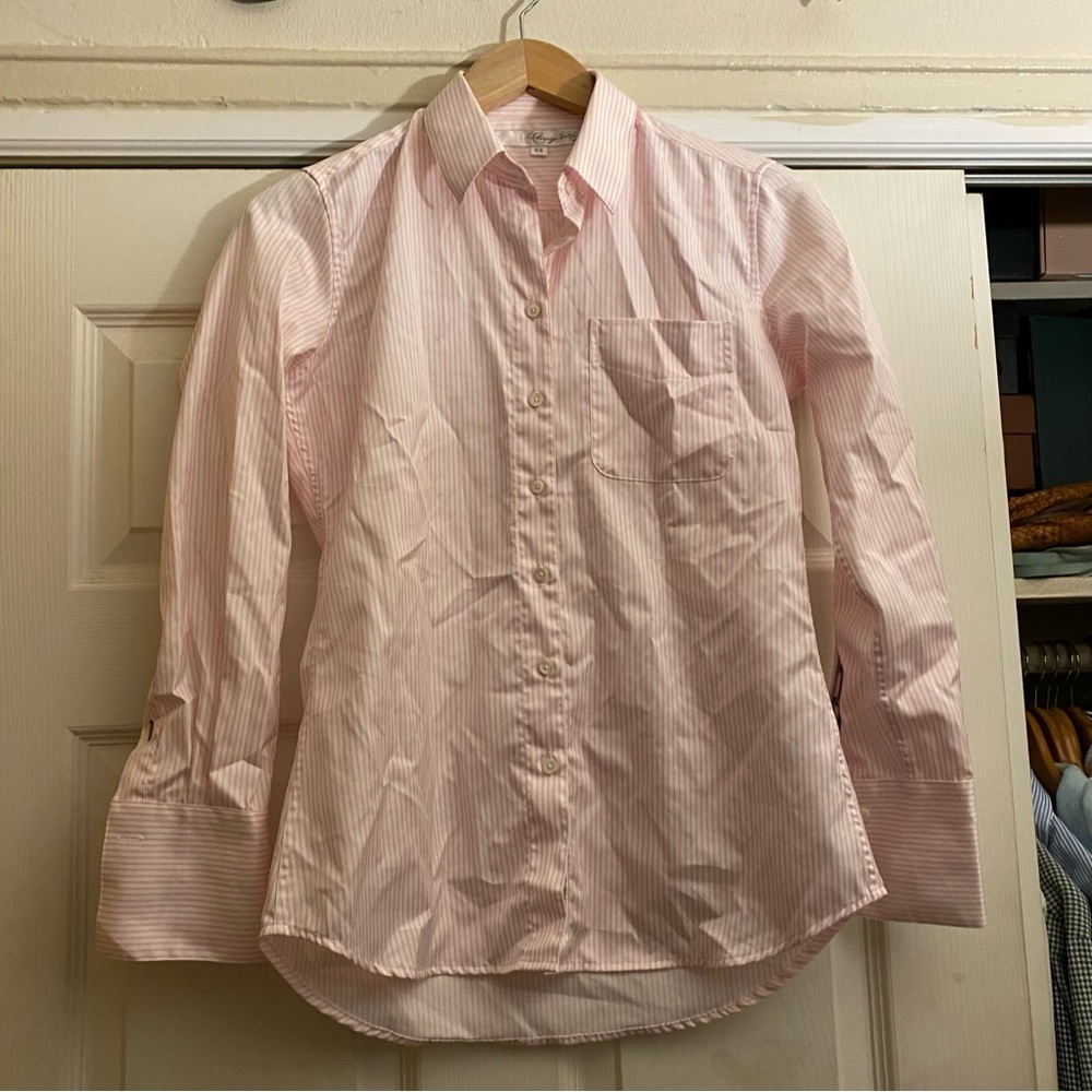 Claridge + King Pink Stripe Ivy Shirt with Ribbon Trimmed Sleeves